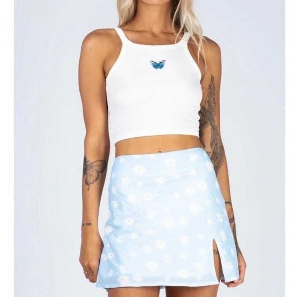 Princess Polly Baby Blue Daisy Print‎ Mini Skirt w/ Slit - Size 4